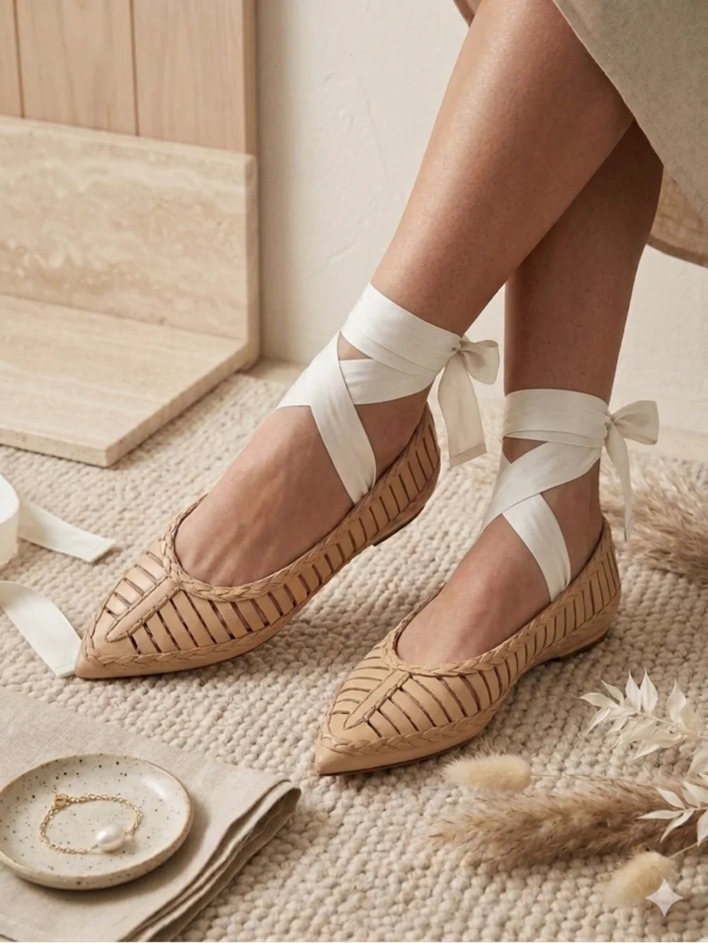 Ulla Johnson Ophelia Woven Vachetta Leather Flats Sand Beige Women’s 10 NIB